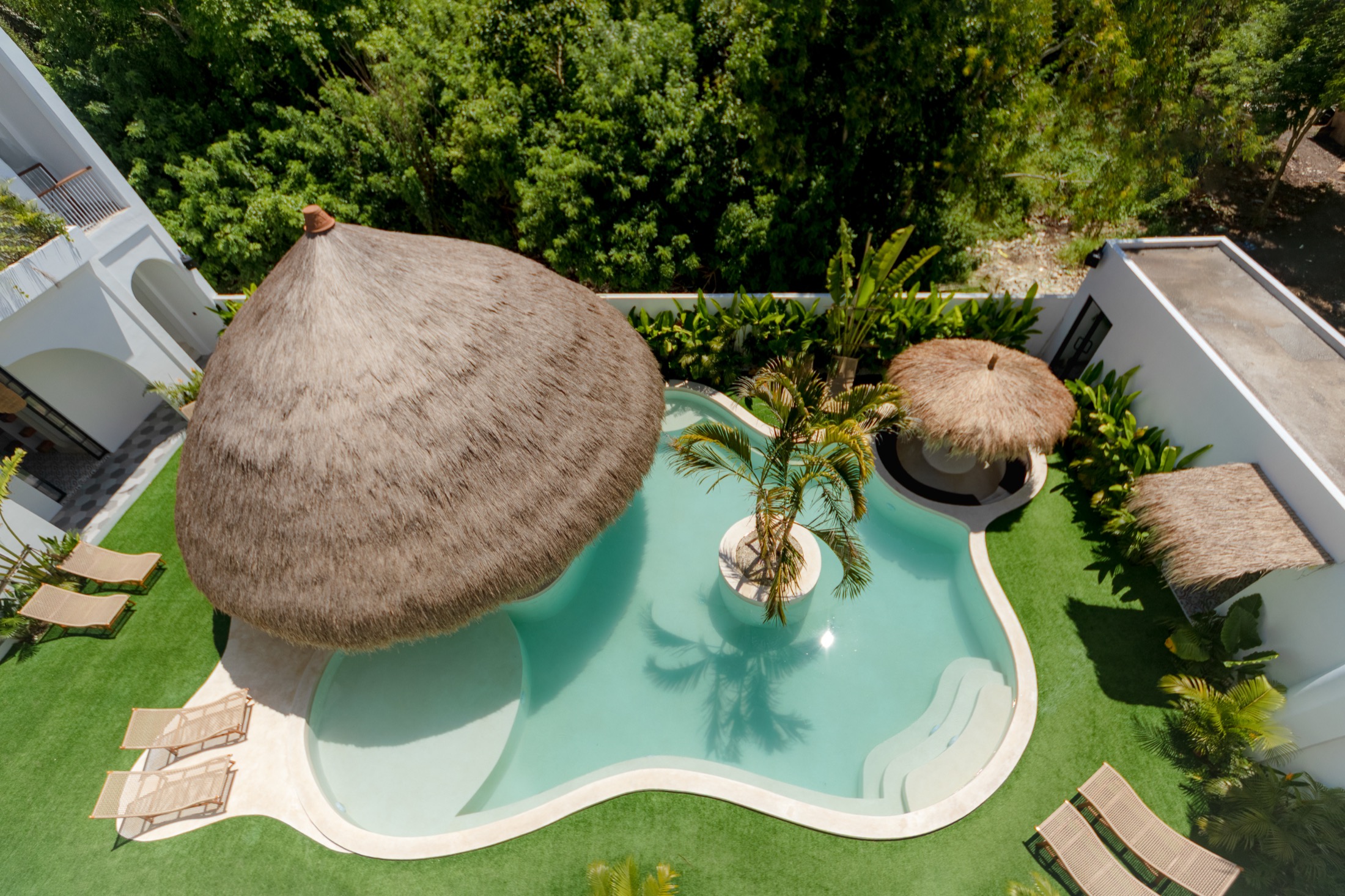 The Lazy Lama pool, palm island and thatch roof seen from directly above